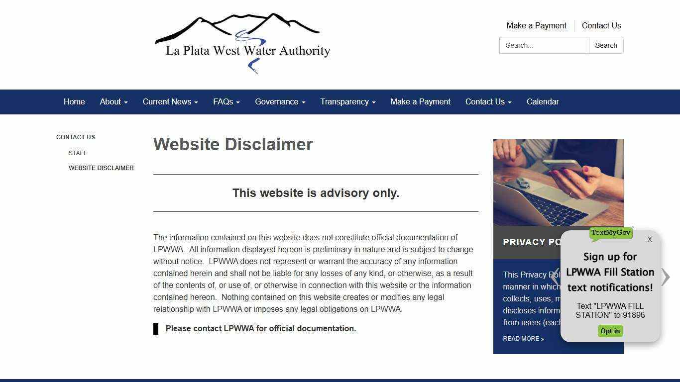 Website Disclaimer - La Plata West Water Authority